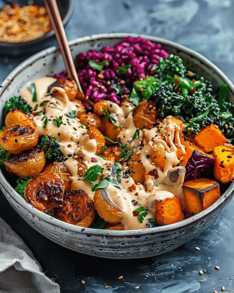 Mediterranean Roasted Veggie & Chickpea Bowls with Tahini Dressing