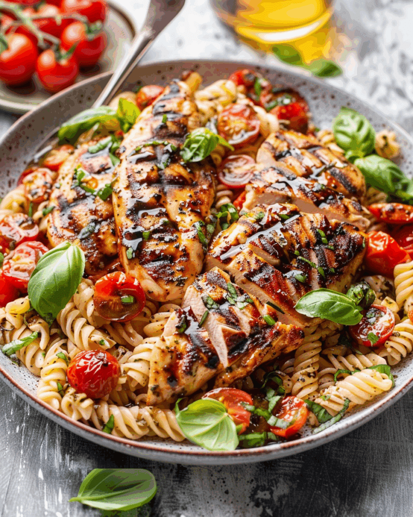 Tomato Basil Pasta with Balsamic Grilled Chicken