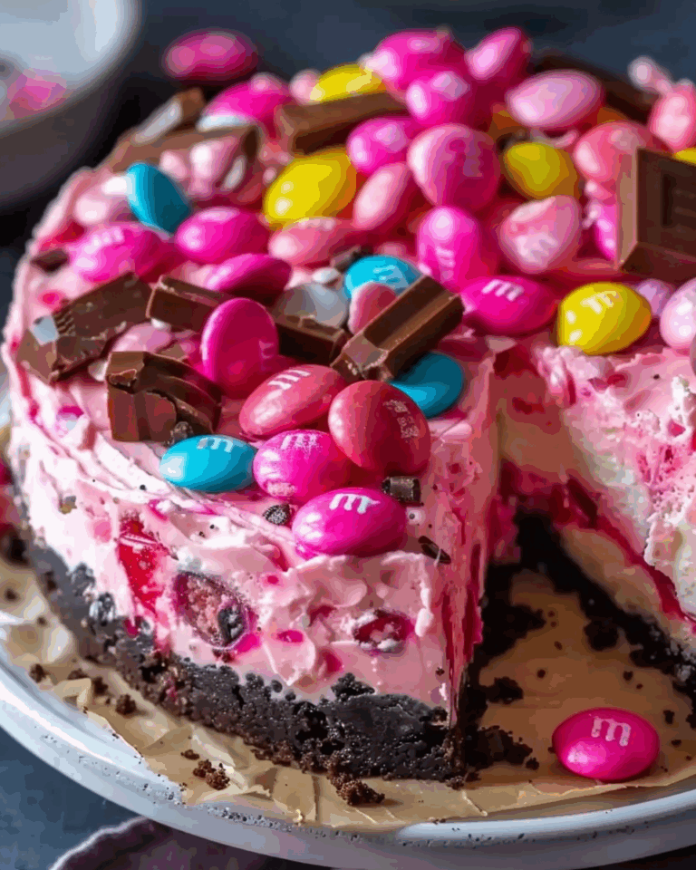 Pink M&M Snickers Cheesecake