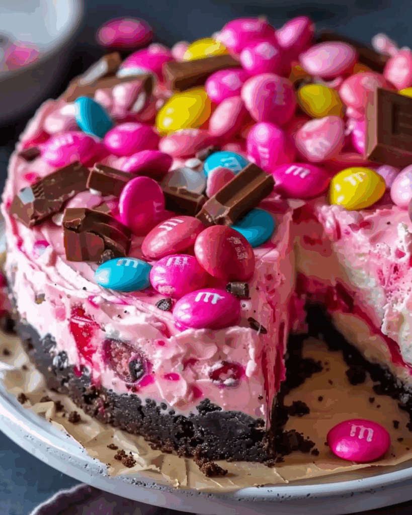 Pink M&M Snickers Cheesecake