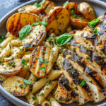 Loaded Herb Grilled Chicken with Creamy Pesto Pasta & Roasted Potatoes