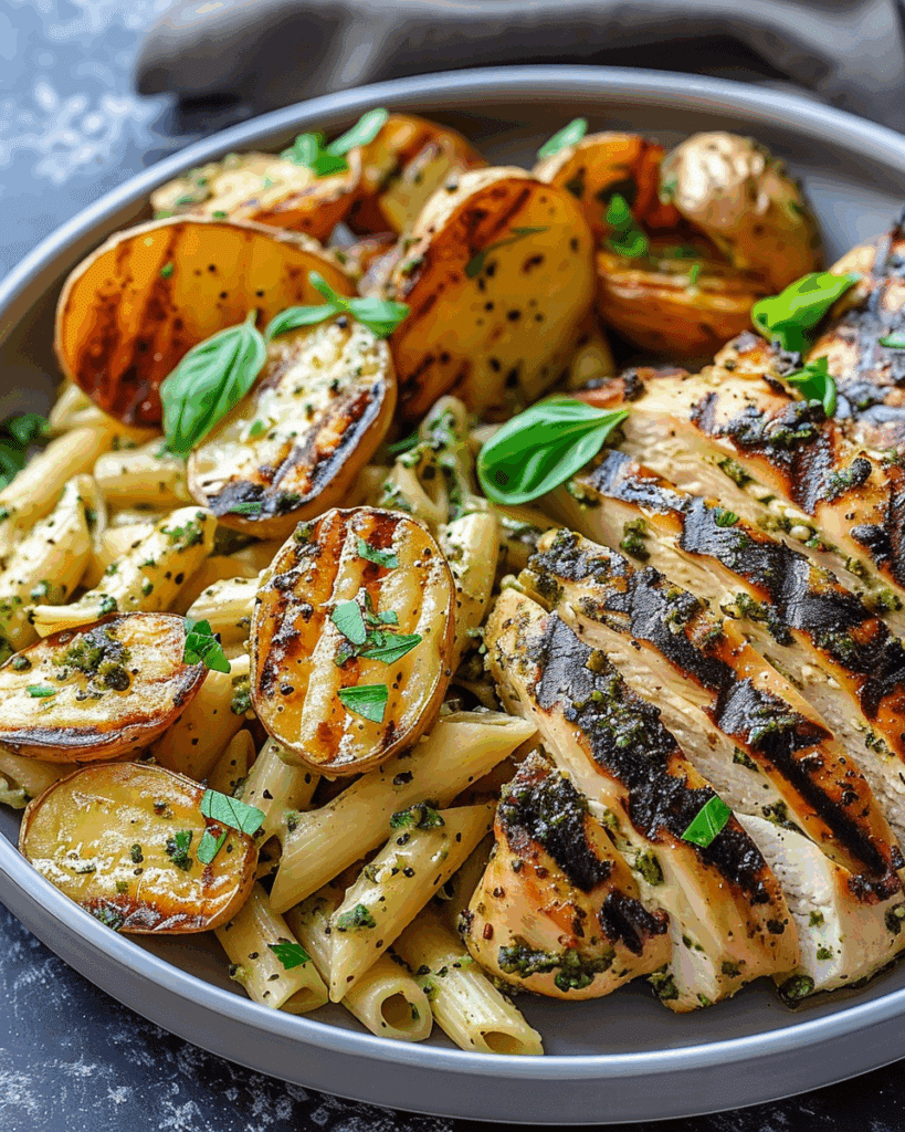 Loaded Herb Grilled Chicken with Creamy Pesto Pasta & Roasted Potatoes