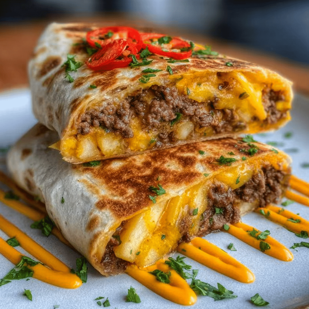 Cheesy Beef & Potato Burritos with Nacho Sauce Recipe - Recipe Image