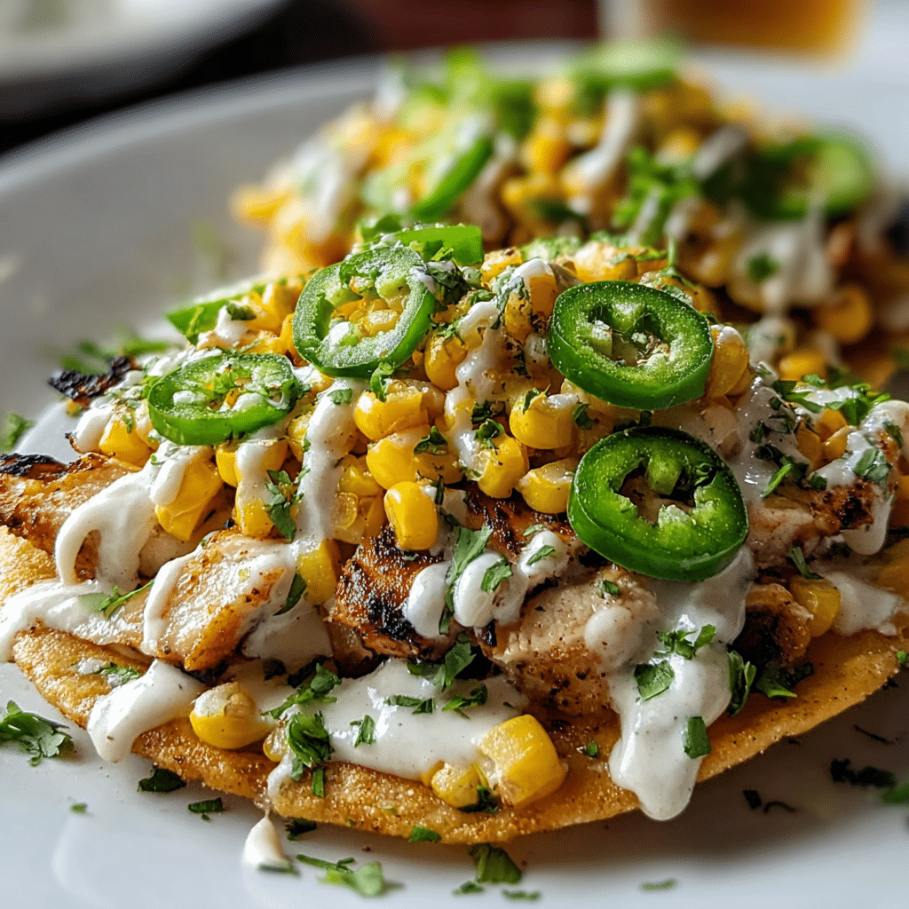 street corn chicken tostada melts with cilantro lime cream Recipe - Recipe Image