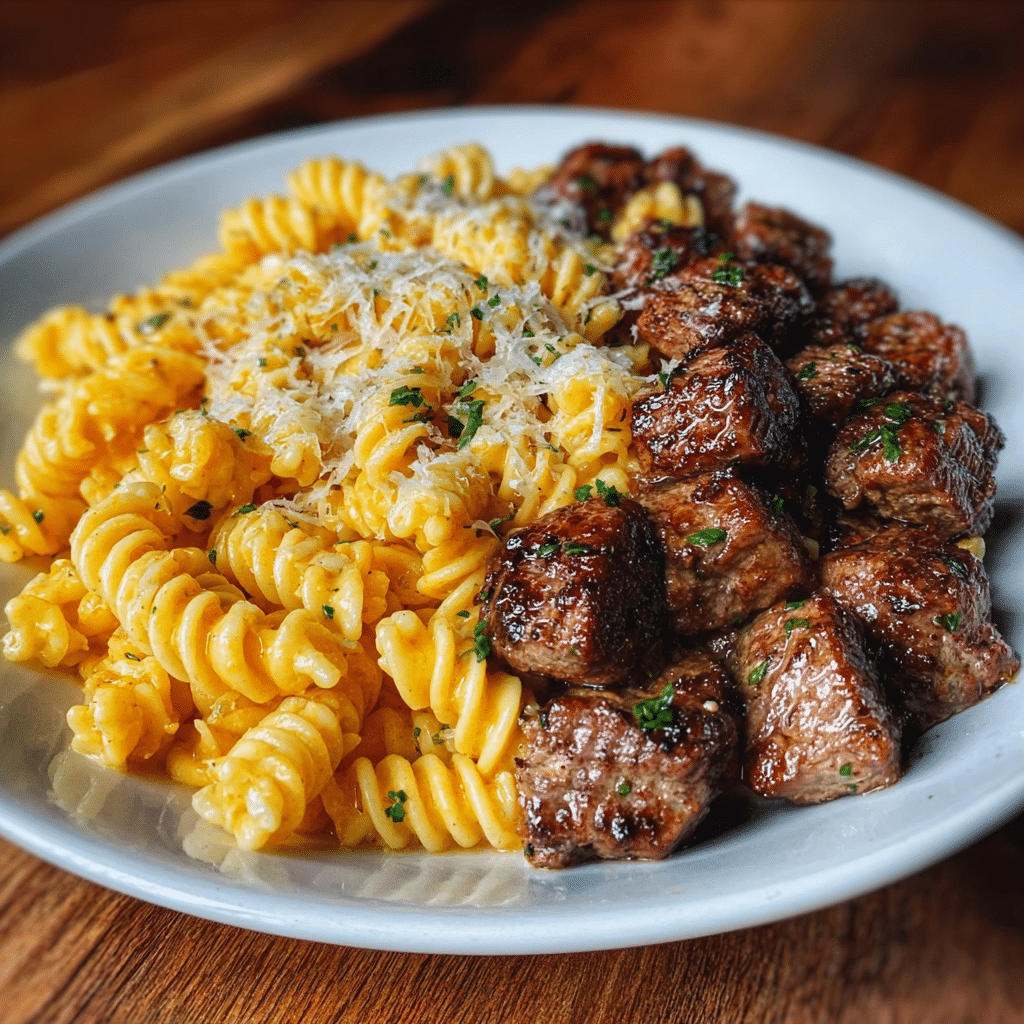 Garlic Butter Steak Bites & Creamy Alfredo Pasta Recipe - Recipe Image