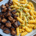 Garlic Butter Steak Bites & Creamy Alfredo Pasta Recipe