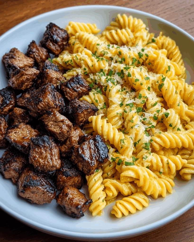 Garlic Butter Steak Bites & Creamy Alfredo Pasta Recipe