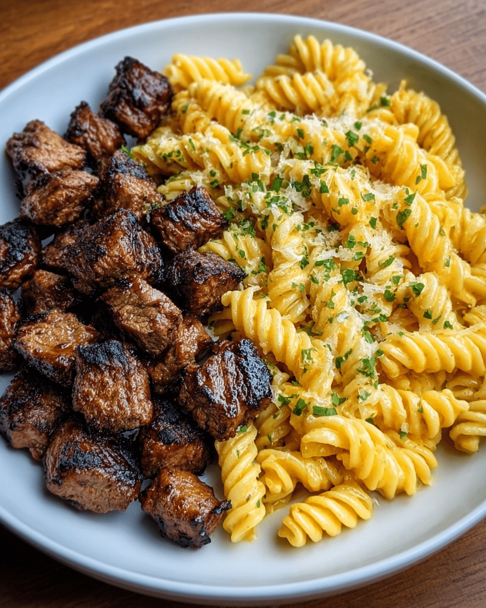 Garlic Butter Steak Bites & Creamy Alfredo Pasta Recipe