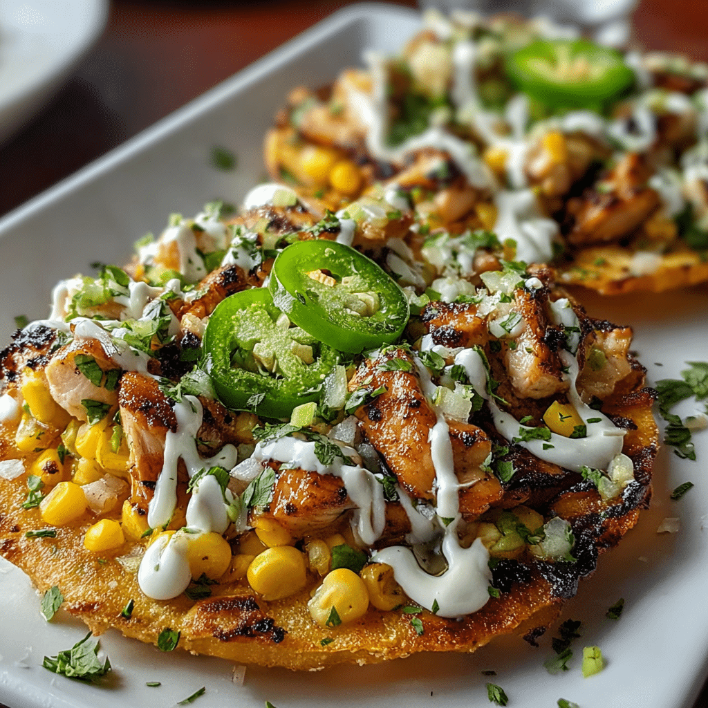 street corn chicken tostada melts with cilantro lime cream Recipe - Recipe Image
