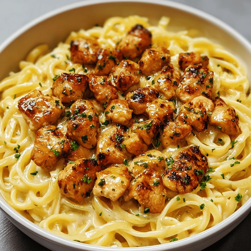 Garlic Butter Chicken Bites Using creamy Parmesan Pasta Recipe - Recipe Image