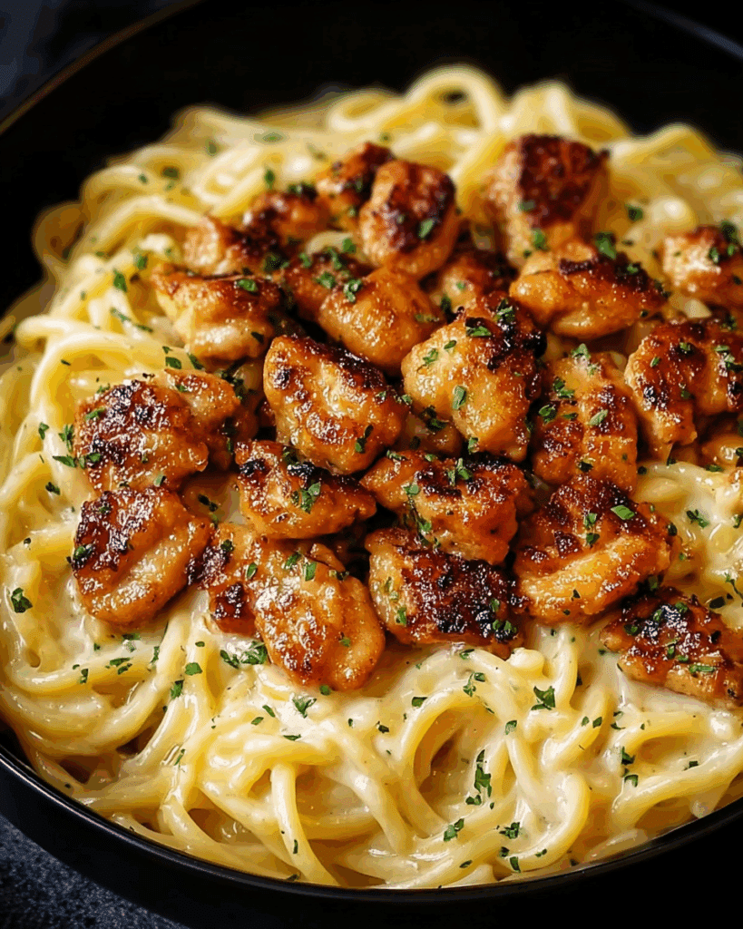 Garlic Butter Chicken Bites Using creamy Parmesan Pasta Recipe