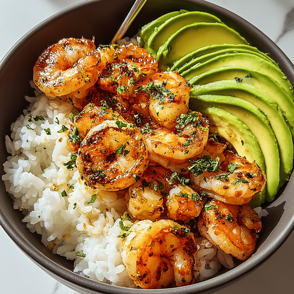 ZESTY SHRIMP & AVOCADO RICE BOWLS WITH CILANTRO LIME SAUCE Recipe - Recipe Image
