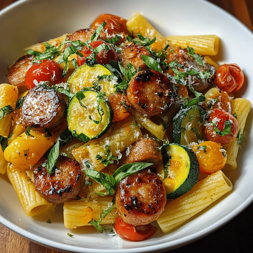 Chicken Sausages with Zucchini, Tomatoes, and Pasta Recipe - Recipe Image