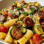 Chicken Sausages with Zucchini, Tomatoes, and Pasta Recipe