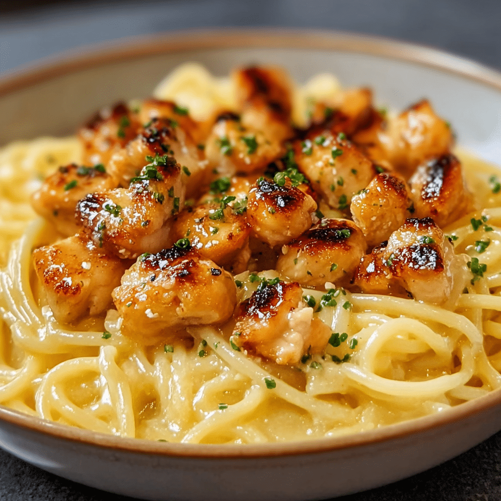 Garlic Butter Chicken Bites Using creamy Parmesan Pasta Recipe - Recipe Image
