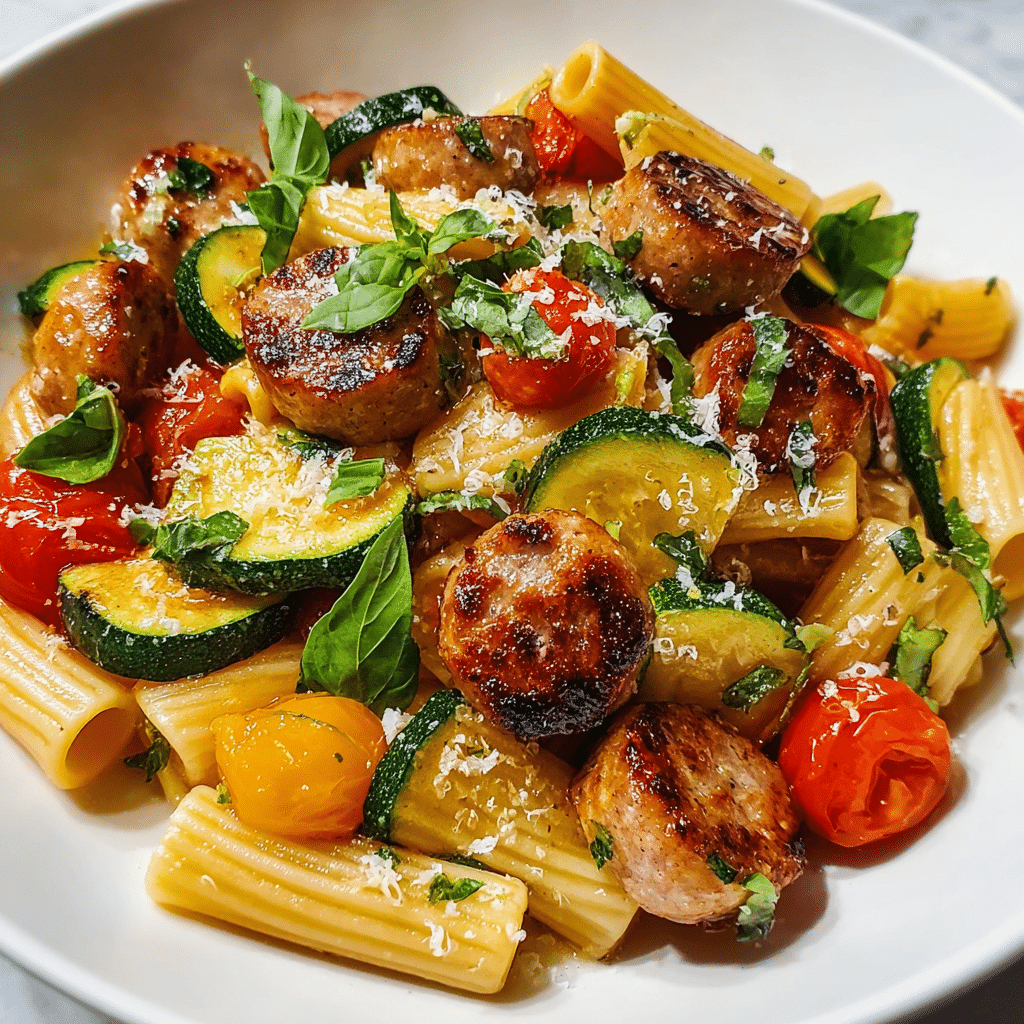Chicken Sausages with Zucchini, Tomatoes, and Pasta Recipe - Recipe Image