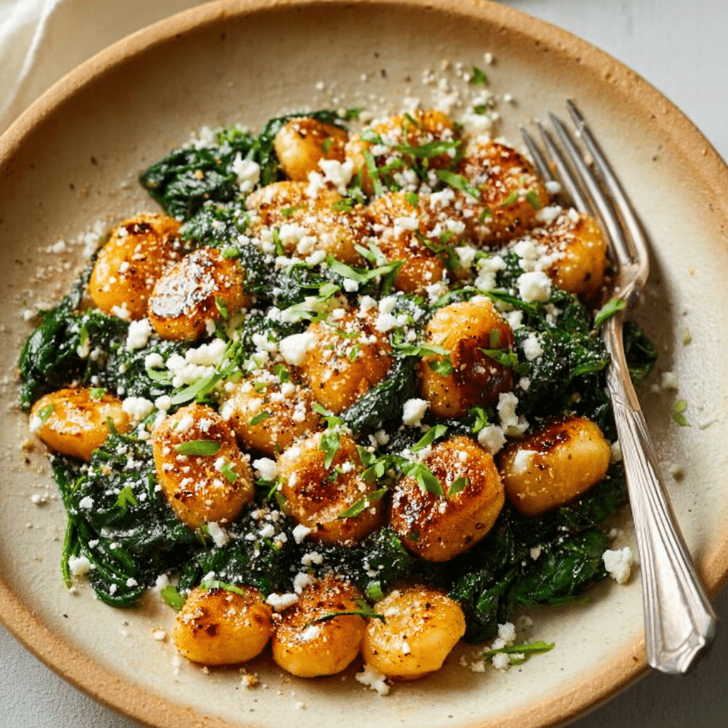 Crispy Gnocchi With Spinach And Feta Recipe - Recipe Image
