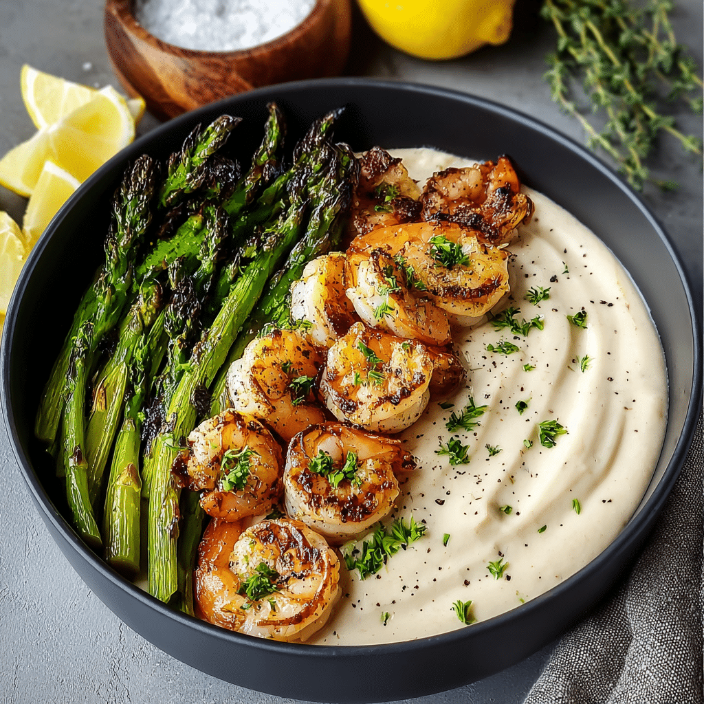 Grilled Shrimp Bowl with Asparagus & Creamy Garlic Sauce Recipe - Recipe Image