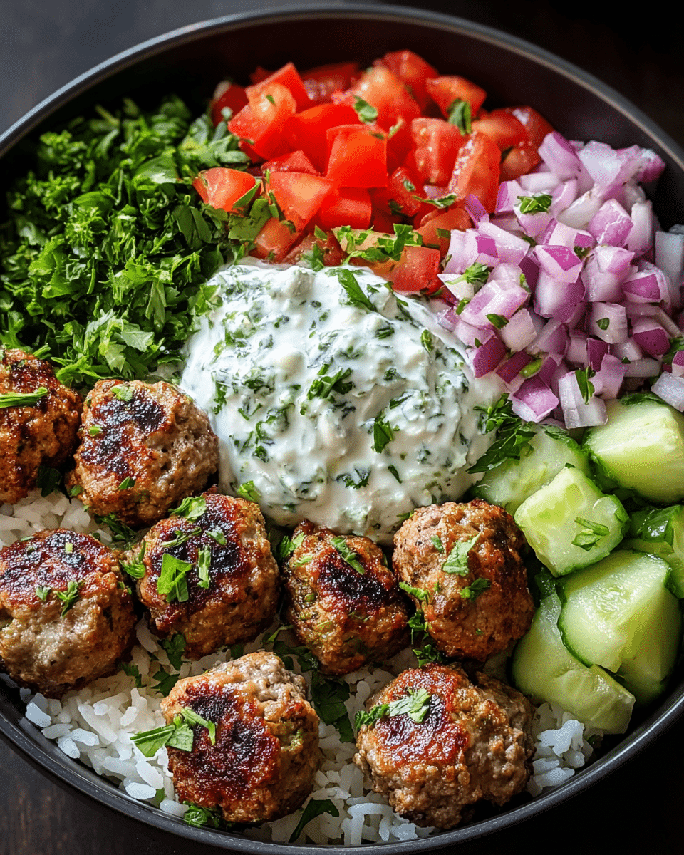 GREEK MEATBALL BOWL WITH TZATZIKI, RICE & FRESH VEGGIES Recipe