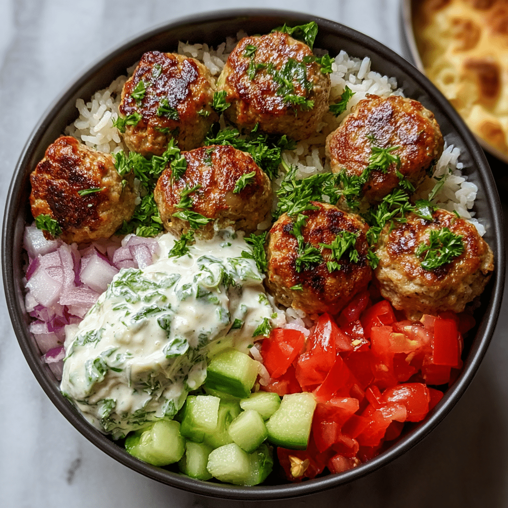 GREEK MEATBALL BOWL WITH TZATZIKI, RICE & FRESH VEGGIES Recipe - Recipe Image