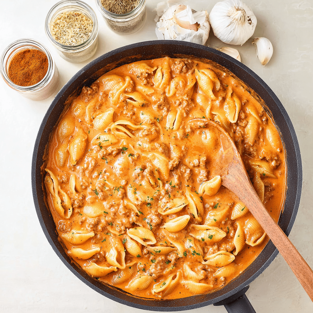 Delicious Creamy Beef and Shells Recipe - Recipe Image