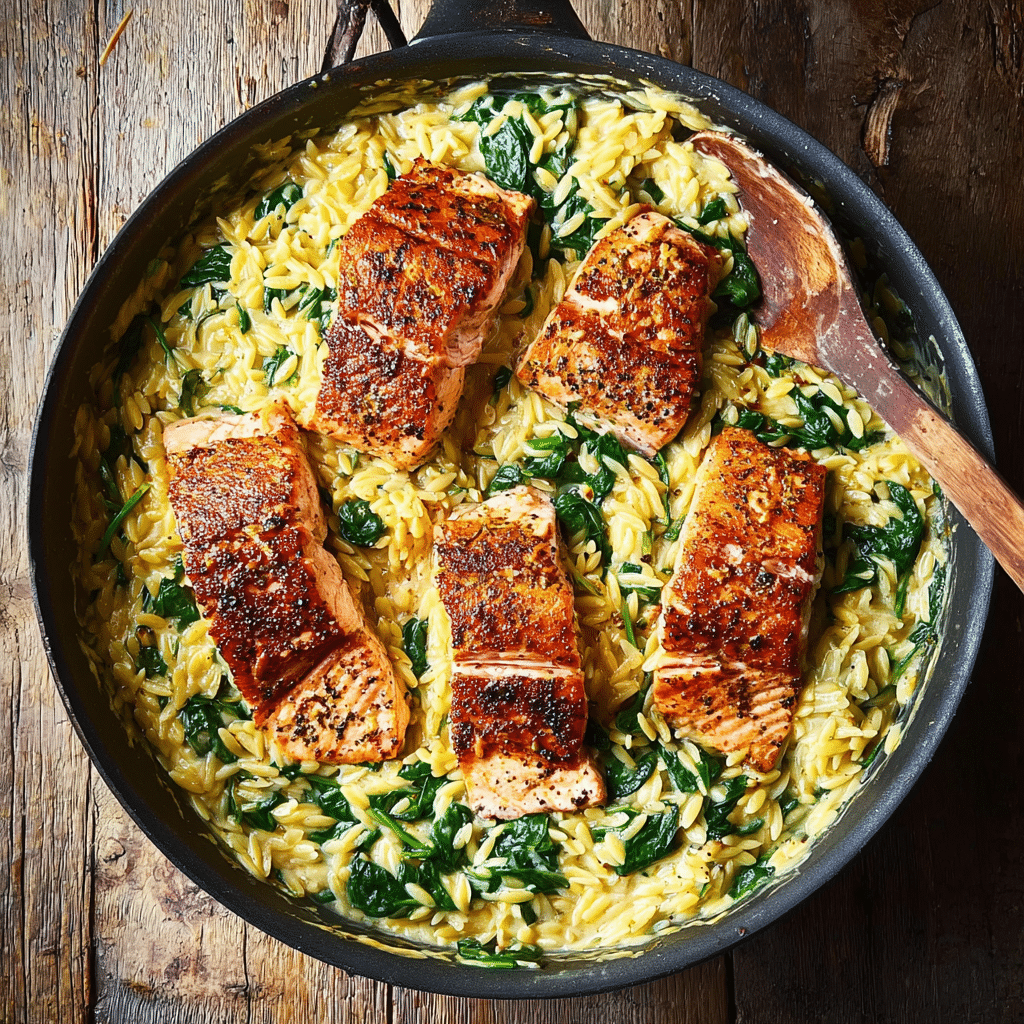One Skillet Salmon with Lemon Orzo Recipe - Recipe Image