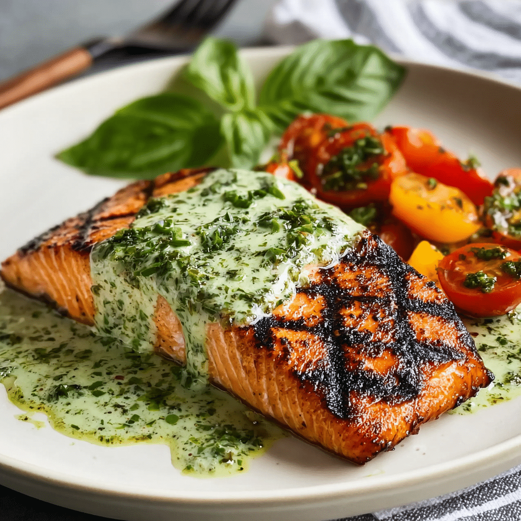 GRILLED SALMON WITH CREAMY PESTO SAUCE Recipe - Recipe Image