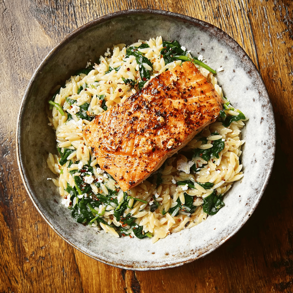 One Skillet Salmon with Lemon Orzo Recipe - Recipe Image