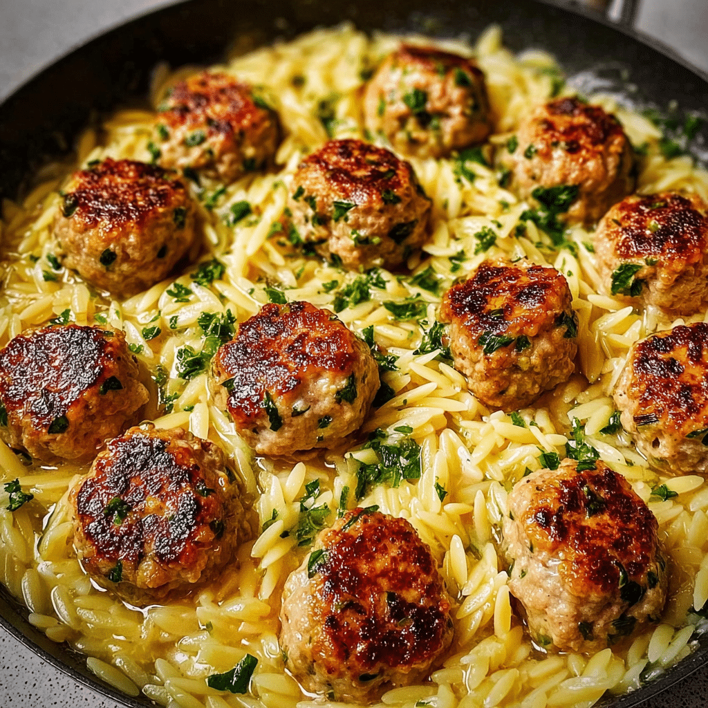 Lemon Chicken Ricotta Meatballs with Garlic Orzo Recipe - Recipe Image