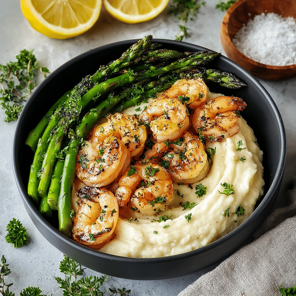 Grilled Shrimp Bowl with Asparagus & Creamy Garlic Sauce Recipe - Recipe Image