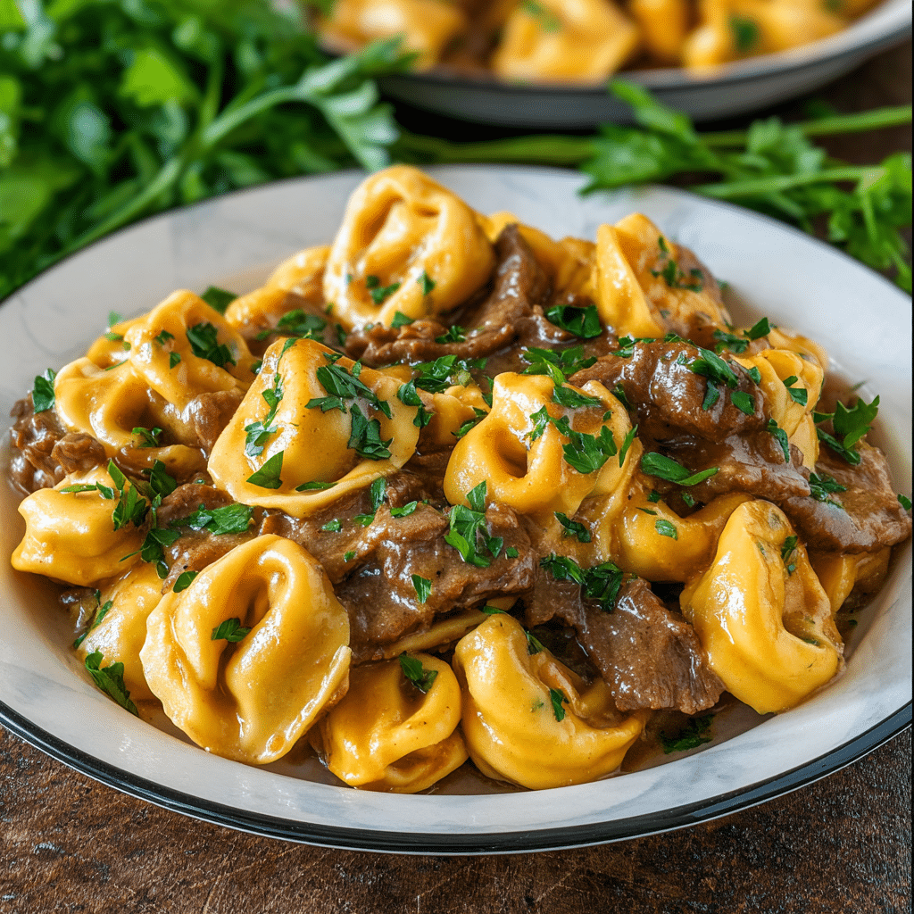 Cheesesteak Tortellini in Rich Provolone Sauce Recipe - Recipe Image