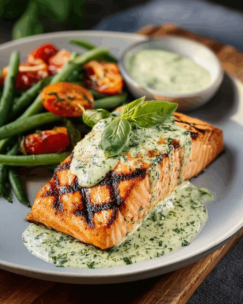 GRILLED SALMON WITH CREAMY PESTO SAUCE Recipe