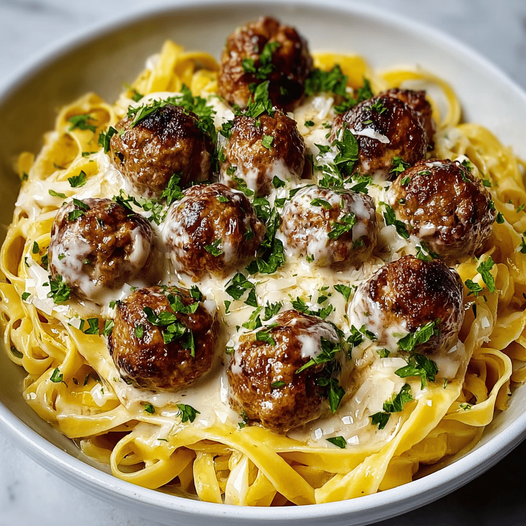 Garlic Butter Meatballs : Creamy Linguine Delight Recipe - Recipe Image