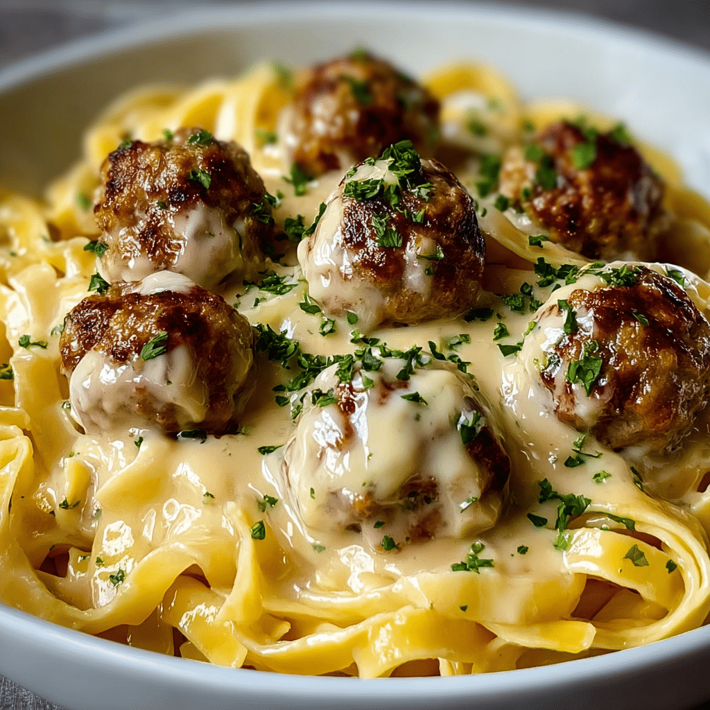 Garlic Butter Meatballs : Creamy Linguine Delight Recipe - Recipe Image