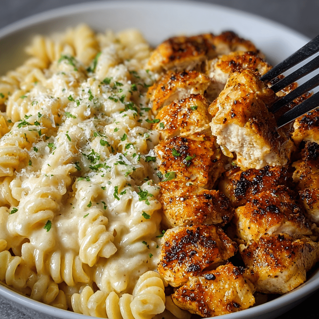 Garlic Parmesan Chicken Bites with Creamy Rotini Recipe - Recipe Image