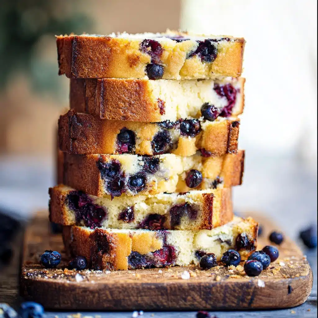 The image shows a tall, slightly uneven stack of thickly sliced blueberry bread, each slice revealing a golden brown crust on the exterior and a soft, moist, pale yellow interior dotted generously with whole baked blueberries. There are five visible layers, each with a spongy crumb texture and irregularly clustered deep blue and purple berries both on the surface and within the bread. The slices are precariously stacked atop a rustic wooden cutting board, with a few stray crumbs and scattered berries around the base, and the background is softly blurred, bathing the scene in natural light to highlight the glossy blueberry skins and fluffy texture of the bread. Photo taken with an iphone