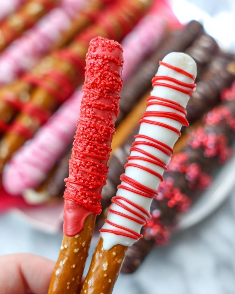 Two pretzel sticks are held by a woman's hand, each dipped halfway in colorful coating. The pretzel on the left is covered in a smooth, bright red layer with a textured drizzle of the same color on top. The pretzel on the right has a white coating with a red drizzle that wraps around it in thin lines. In the blurry background, more pretzels with different colorful coatings and drizzles sit on a white marbled surface. photo taken with an iphone --ar 4:5 --v 7