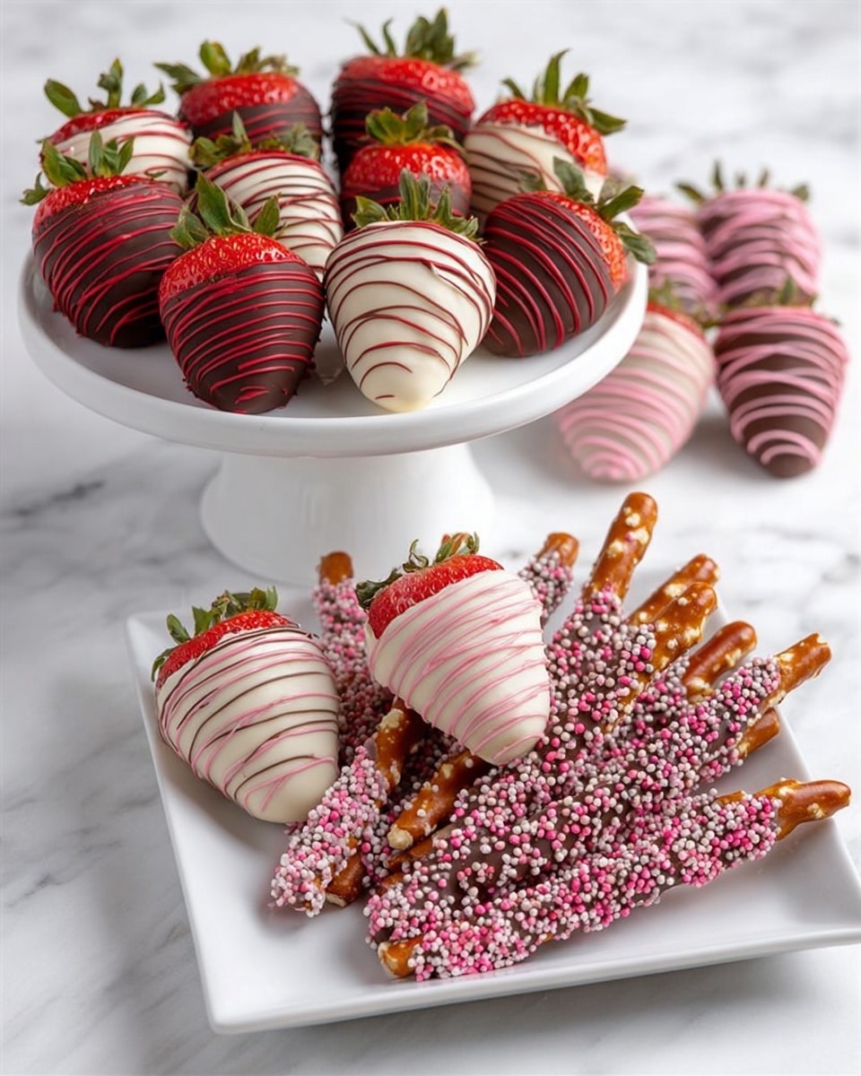The image shows two white dishes on a white marbled surface. The dish in the back is a small white pedestal plate holding ten chocolate-covered strawberries arranged in a circle with some strawberries dipped in dark chocolate drizzled with red lines, others dipped in white chocolate with red drizzle, and some dipped in dark chocolate with red and white sprinkles. In the front, a square white plate holds a group of pretzel rods covered in chocolate in alternating patterns: some with dark chocolate and pink sprinkles, some with white chocolate and pink stripes, and others with dark or milk chocolate with pink decorations. The image is bright and clear. photo taken with an iphone --ar 4:5 --v 7