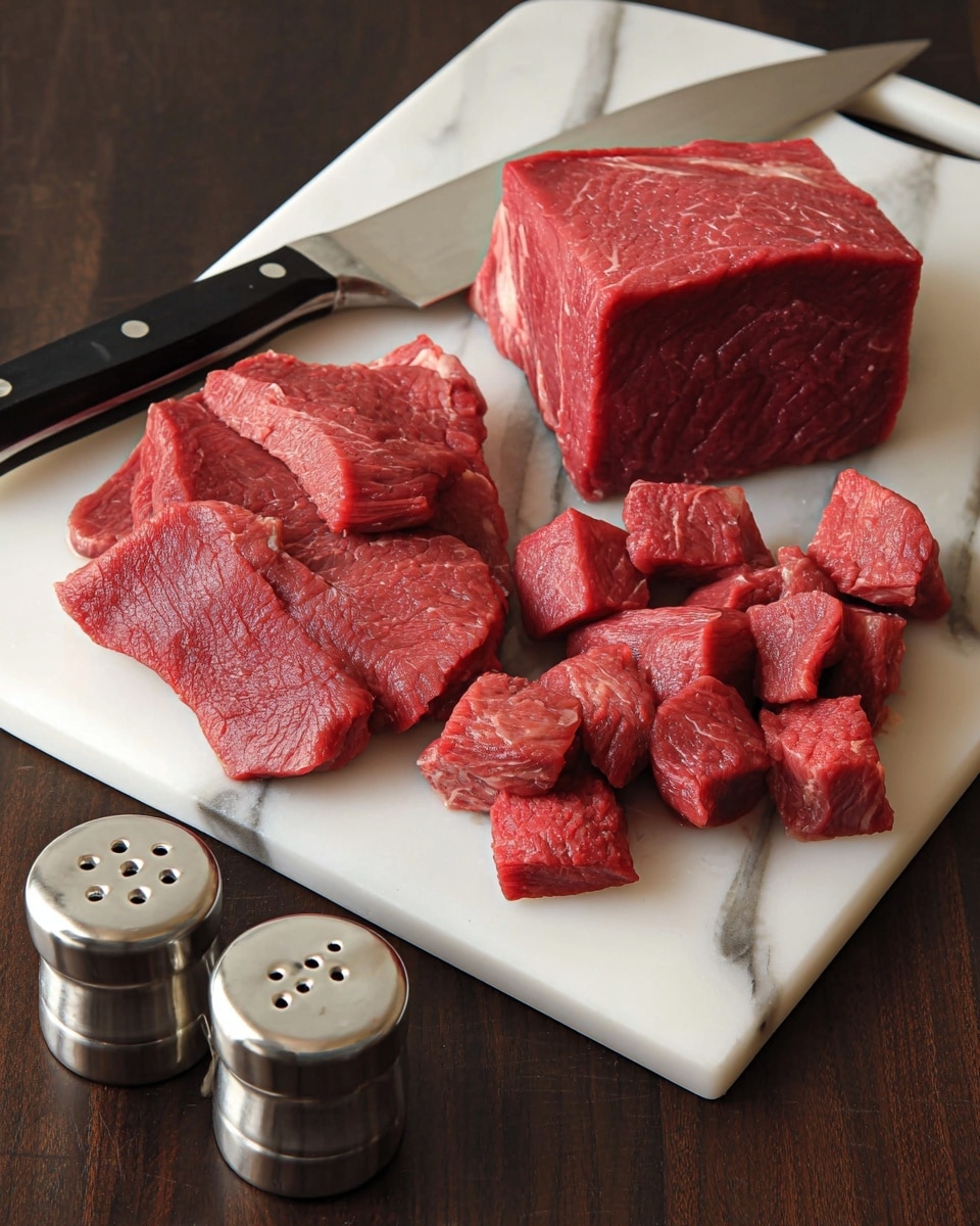 The image shows a white cutting board on a dark wooden surface, with pieces of red raw beef in different sizes and shapes spread across it. There is a large uncut chunk of beef on the left side of the board, with several long strips of beef stacked below it, and multiple small cubes of beef arranged above the long strips. A large kitchen knife with a black handle lies horizontally between the small cubes and the long strips of beef. In the bottom left corner, metallic salt and pepper shakers are partially visible. The background surface has a smooth dark wood texture. Photo taken with an iphone --ar 4:5 --v 7