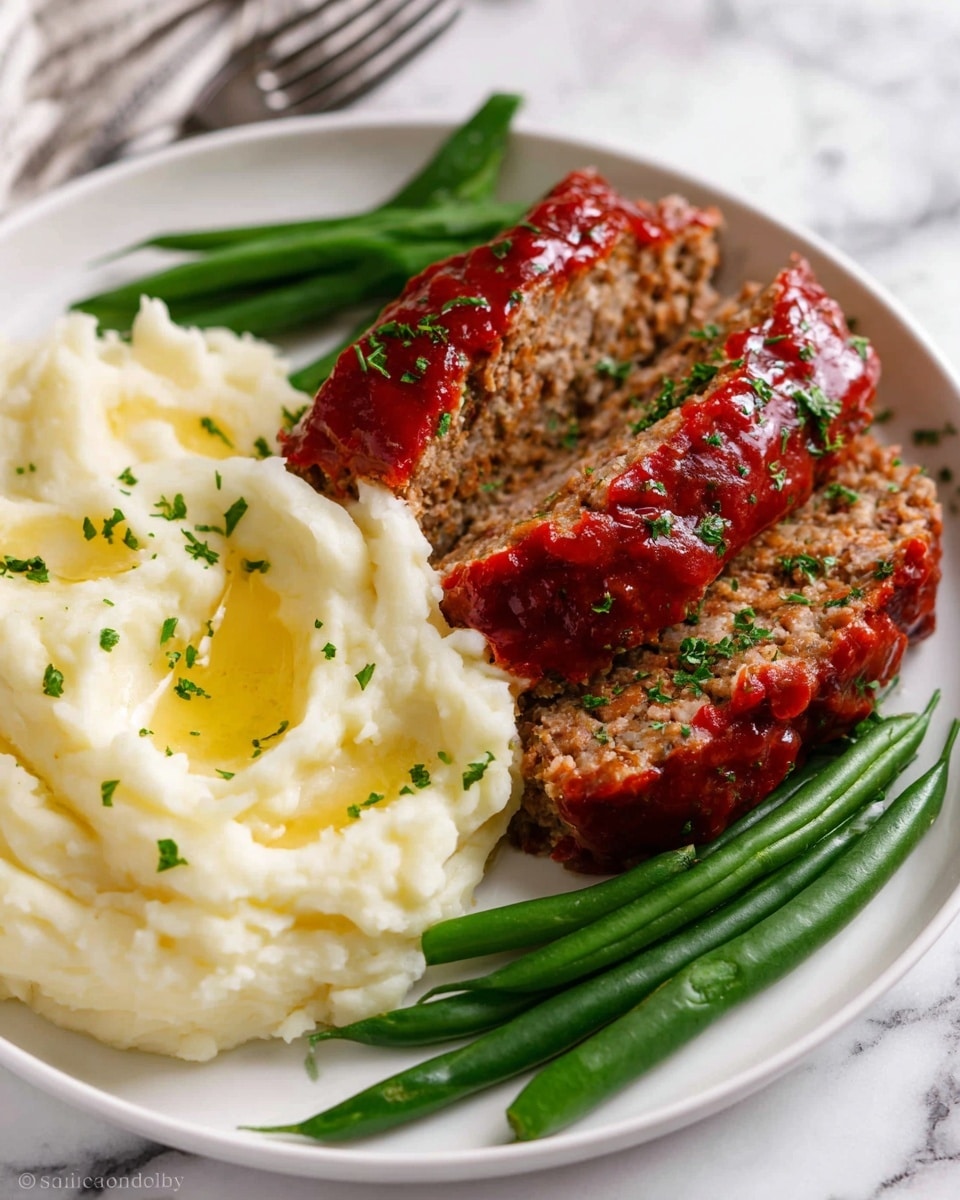 A white plate holds a serving of meatloaf sliced into two thick, moist pieces with a red sauce glaze on top, sprinkled with green herbs. To the right of the meatloaf are bright green cooked green beans, arranged in a small pile. On the left side of the plate, there is a generous scoop of creamy mashed potatoes with a smooth texture, lightly drizzled with butter and sprinkled with small green herb pieces. The plate rests on a white marbled surface with a fork partially visible in the background. photo taken with an iphone --ar 4:5 --v 7