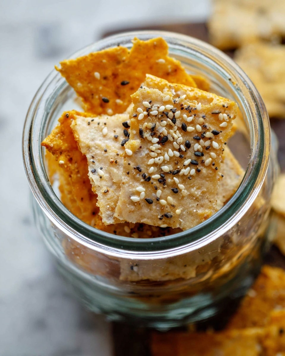 A close-up view inside a clear glass jar filled with several pieces of thin, crispy crackers. The crackers are a mix of light golden brown and slightly darker shades, each sprinkled with white sesame seeds and black pepper flakes, giving a speckled texture. The crackers inside the jar are stacked irregularly, showing the rough, bubbly surface and the seasoning details. The background is a white marbled surface, partly blurred, with a glimpse of some crackers resting outside the jar. Photo taken with an iphone --ar 4:5 --v 7