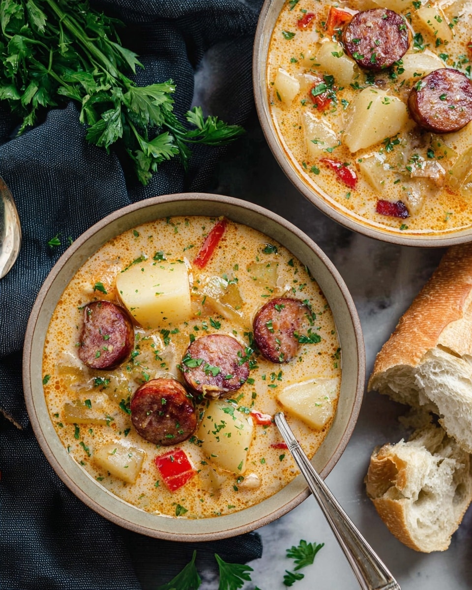 Two bowls of creamy soup are filled with thick slices of browned sausage and chunks of pale yellow potatoes, mixed with small bits of red bell pepper and onion. The soup has a rich, light orange broth with a slightly foamy texture on top, garnished with tiny green parsley flakes scattered over the surface. One bowl has a silver spoon resting inside. To the side, a piece of crusty bread with a golden brown crust and soft white inside lies partly broken open. The scene is set on a dark cloth and a white marbled surface with a few sprigs of fresh parsley scattered around. photo taken with an iphone --ar 4:5 --v 7