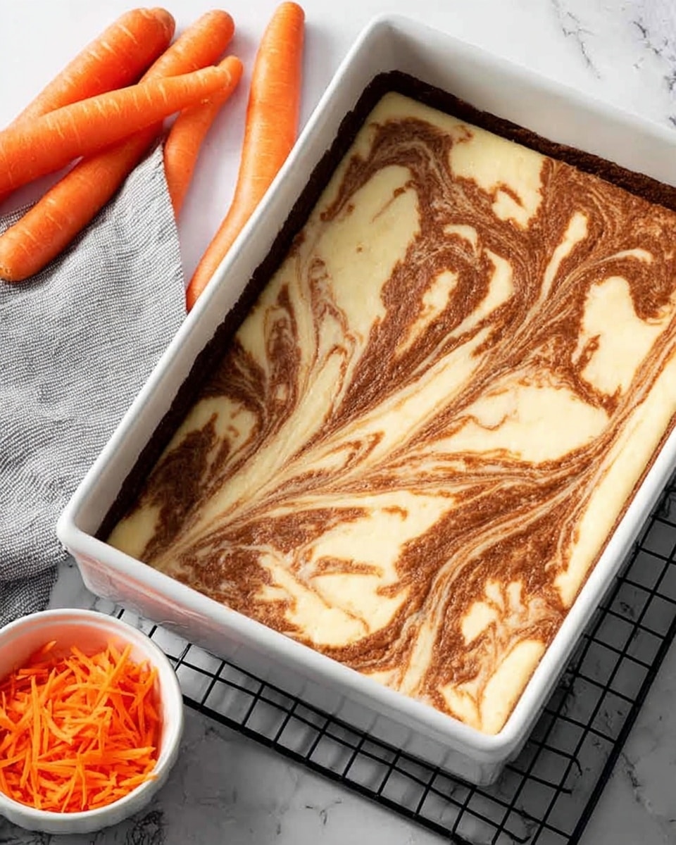 The image shows a rectangular white metal pan filled with a dessert that has two distinct layers visible from the top: a light cream-colored creamy base with smooth texture, and a thicker brown layer with swirled patterns blending into the cream layer, creating a marbled effect. The pan rests on a black cooling rack placed on a white marbled surface. Next to the pan on the left side, there are three fresh orange carrots and a gray cloth with white lines. On the right side of the pan, there is a small white bowl containing shredded orange carrot. Photo taken with an iphone --ar 4:5 --v 7