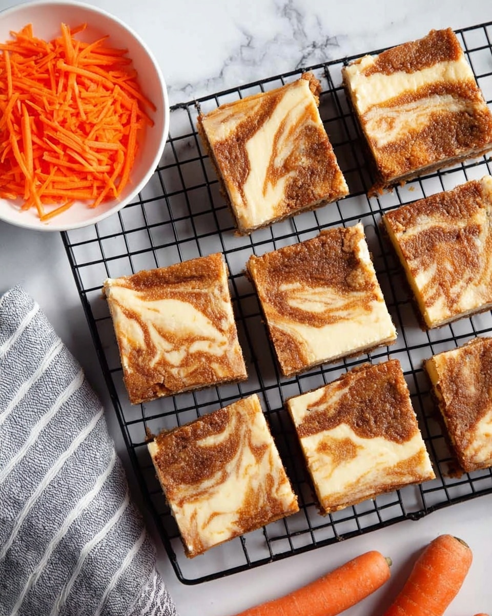 The image shows nine square pieces of marbled carrot cake cheesecake bars on a black cooling rack. Each bar has two main layers: the bottom layer is a creamy white cheesecake, and the top layer is a brown carrot cake, with a marbled swirl pattern blending the two layers. The texture looks soft and moist. The cooling rack sits on a white marbled surface. To the left, there is a small white bowl filled with bright orange shredded carrots, and a folded gray cloth with thin white lines is placed nearby. Two whole carrots lie on the surface near the bottom right of the cooling rack. Photo taken with an iphone --ar 4:5 --v 7