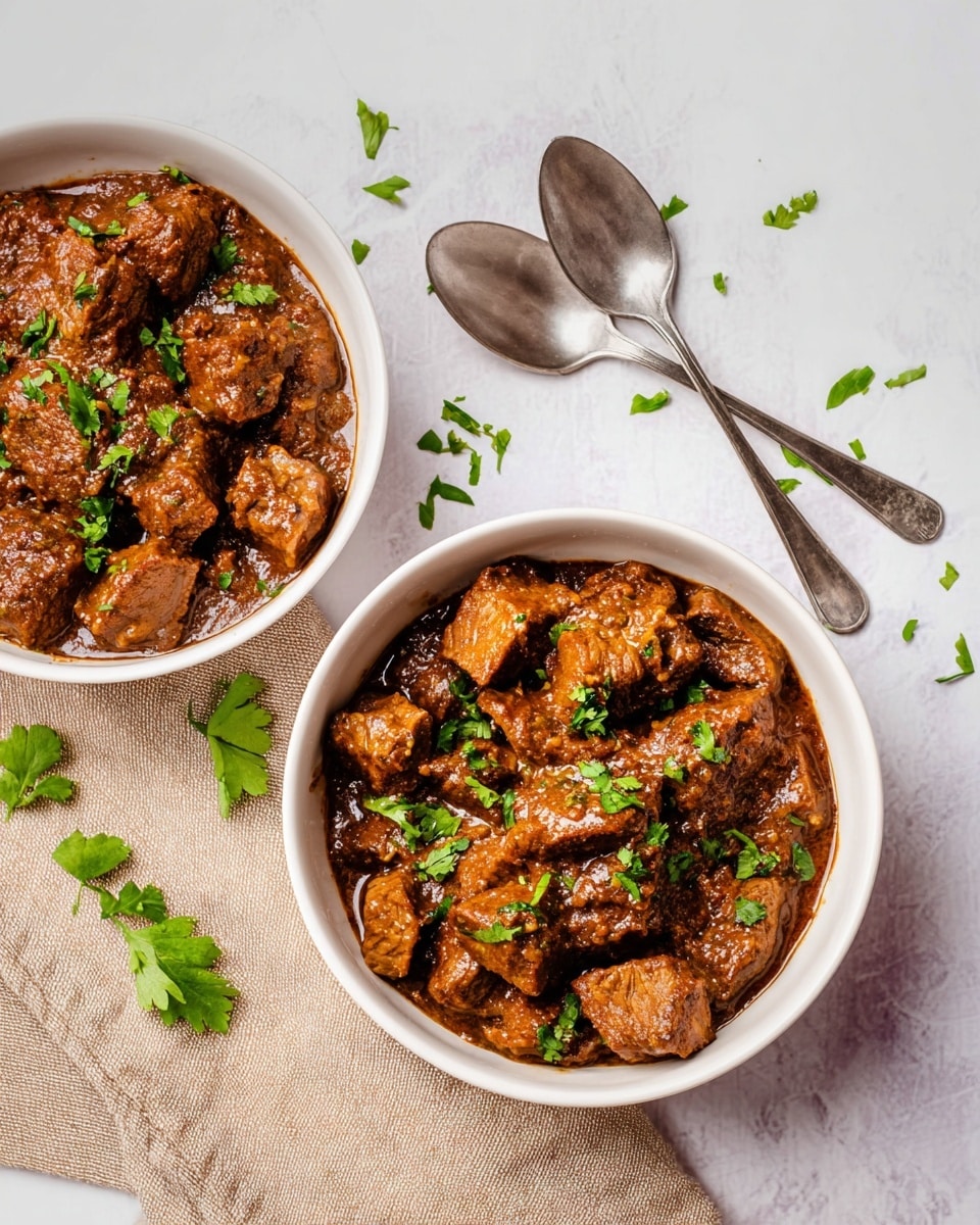 Two white bowls filled with chunks of cooked meat covered in brown sauce are shown on a white marbled surface. Each piece of meat is coated evenly with the sauce that has a thick texture. Fresh green herbs are scattered on top of the meat in each bowl and a few pieces are also scattered around the bowls on the surface. One bowl is placed on a light brown cloth napkin with two silver spoons resting above it. The scene is bright and clear, emphasizing the texture and color of the food. photo taken with an iphone --ar 4:5 --v 7