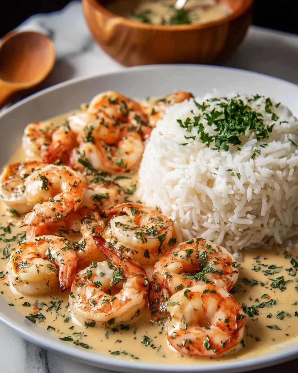 A white plate on a white marbled surface holds two main layers: a pile of white steamed rice on the top right side, garnished with green chopped herbs, and a serving of cooked shrimp laid out on the bottom left side, coated in a creamy light beige sauce with green herb flakes scattered on and around them. The shrimp are pink-orange with visible texture details and slight shine from the sauce. In the blurred background, there is an out-of-focus wooden bowl with a spoon. Photo taken with an iphone --ar 4:5 --v 7