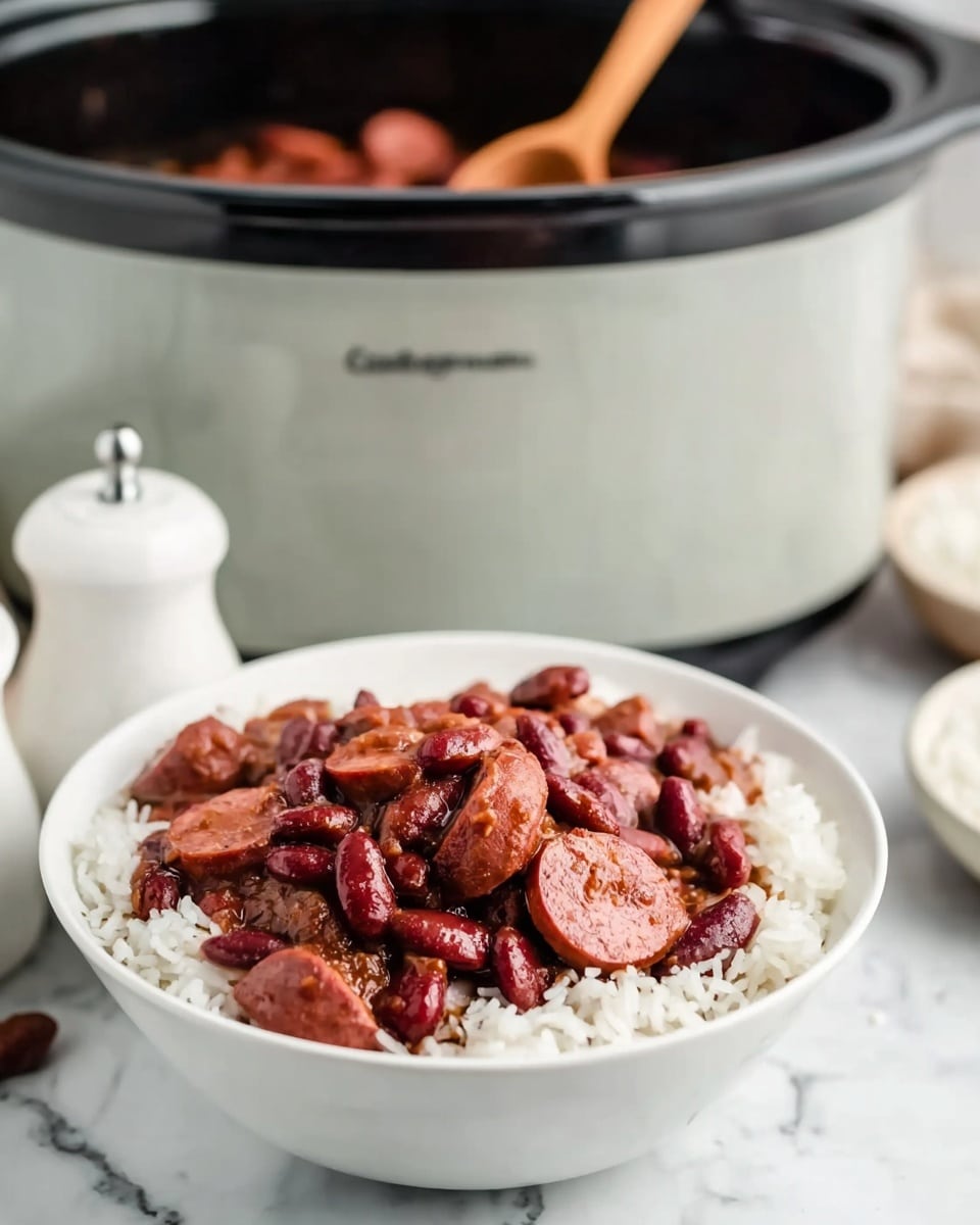 A white bowl filled with a base layer of cooked white rice, topped with a thick layer of stewed kidney beans mixed with sliced sausage pieces. The kidney beans are reddish-brown and soft, while the sausage slices are darker with a slightly glossy, textured surface. The bowl is placed on a white marbled surface with a black slow cooker in the blurred background, along with a white salt shaker and another bowl of rice partly visible. A woman's hand is holding a wooden spoon resting on the slow cooker. photo taken with an iphone --ar 4:5 --v 7