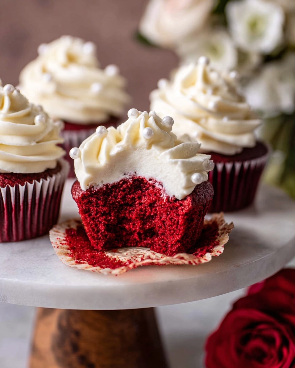 The image shows red cupcakes with a rich, soft texture, each topped with a thick swirl of creamy white frosting. One cupcake in front is missing a bite, revealing the deep red crumb inside. The frosting is decorated with small white pearls, adding a delicate touch. The cupcakes sit on a white marble cake stand with a wooden base, and the background features soft white flowers and a blur of a red rose on the side, creating a warm and elegant setting. Photo taken with an iphone --ar 4:5 --v 7