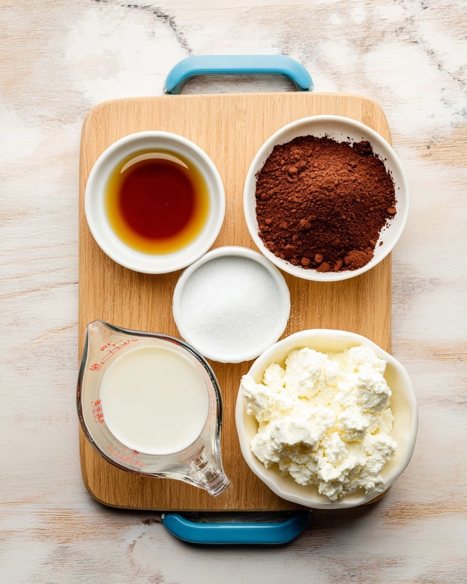 The image shows five small bowls with ingredients arranged on a light wooden board with a blue handle, set on a white marbled surface. Starting from the top left, a small white bowl holds a dark amber liquid, likely vanilla extract. Next to it on the right, there is a medium white bowl filled with white granulated sugar. Above and to the right is another white bowl containing rich brown cocoa powder. Below the sugar bowl is a clear glass measuring cup filled with a white creamy substance, probably milk or cream. Lastly, in the bottom right corner on the wooden board, a white bowl is filled with fluffy, white cream cheese or ricotta. photo taken with an iphone --ar 4:5 --v 7
