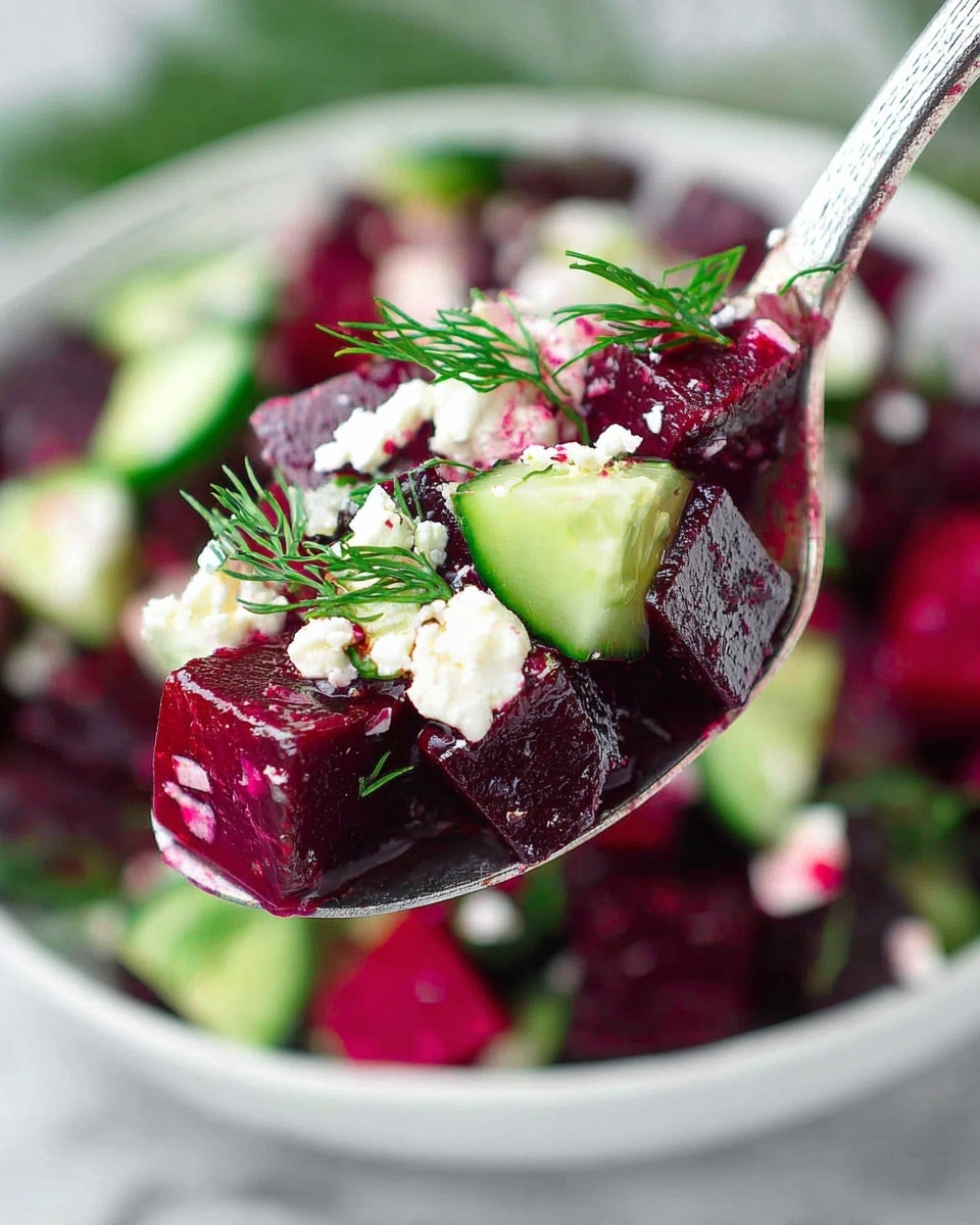 A close-up shows a spoon holding a fresh beet salad with three visible layers: deep purple beet cubes forming the main base, light green cucumber slices adding a fresh crunch, and small white crumbles of cheese scattered on top. Bright green dill leaves sit atop the salad, adding a soft texture and color contrast. The background is blurred but shows more of the beet salad in a white bowl on a white marbled surface. photo taken with an iphone --ar 4:5 --v 7